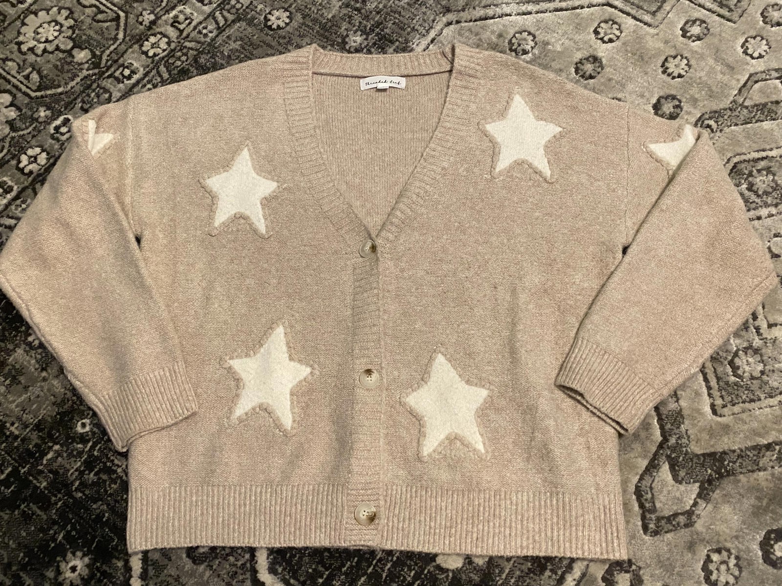 Threaded Leaf Beige Star Patterned Cardigan Sweat… - image 1