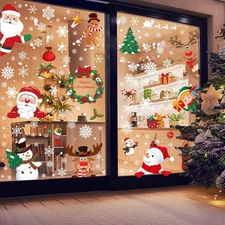 186PCS Christmas Window Clings, Santa Snowman Reindeer Snowflake PVC Stickers