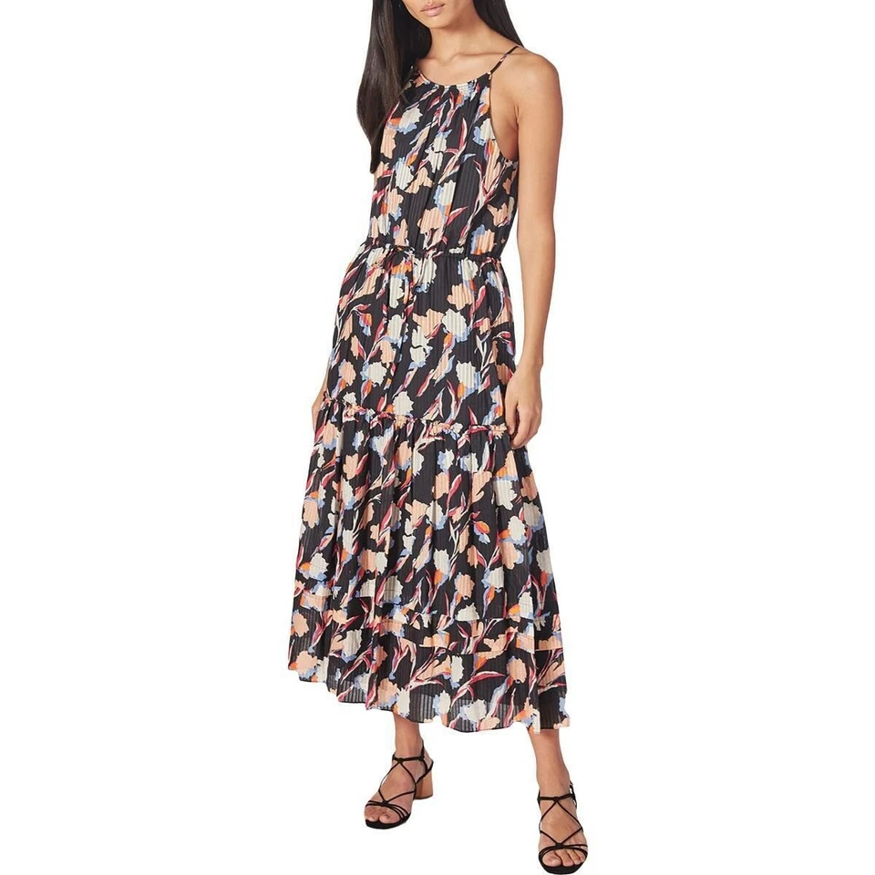 JOIE  Huston Black Pleated Ruffle Floral Sundress Sleeveless Halter Maxi Dress M - Image 2 of 4
