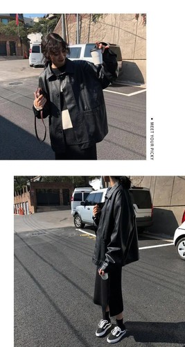 Schwarze Winter Lederjacke lose dünne Motorradjacke weibliche Oberbekleidung Biker Mäntel - Bild 16 von 19