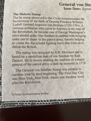 1930 GENERAL VON STEUBEN POSTAL COMMEMORATIVE SOCIETY FIRST DAY ISSUE STAMP NEW - Picture 4 of 5