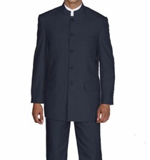 New Men's Mandarin Collar Pin Stripe Church Suit Jacket  pants Navy 38R 60L