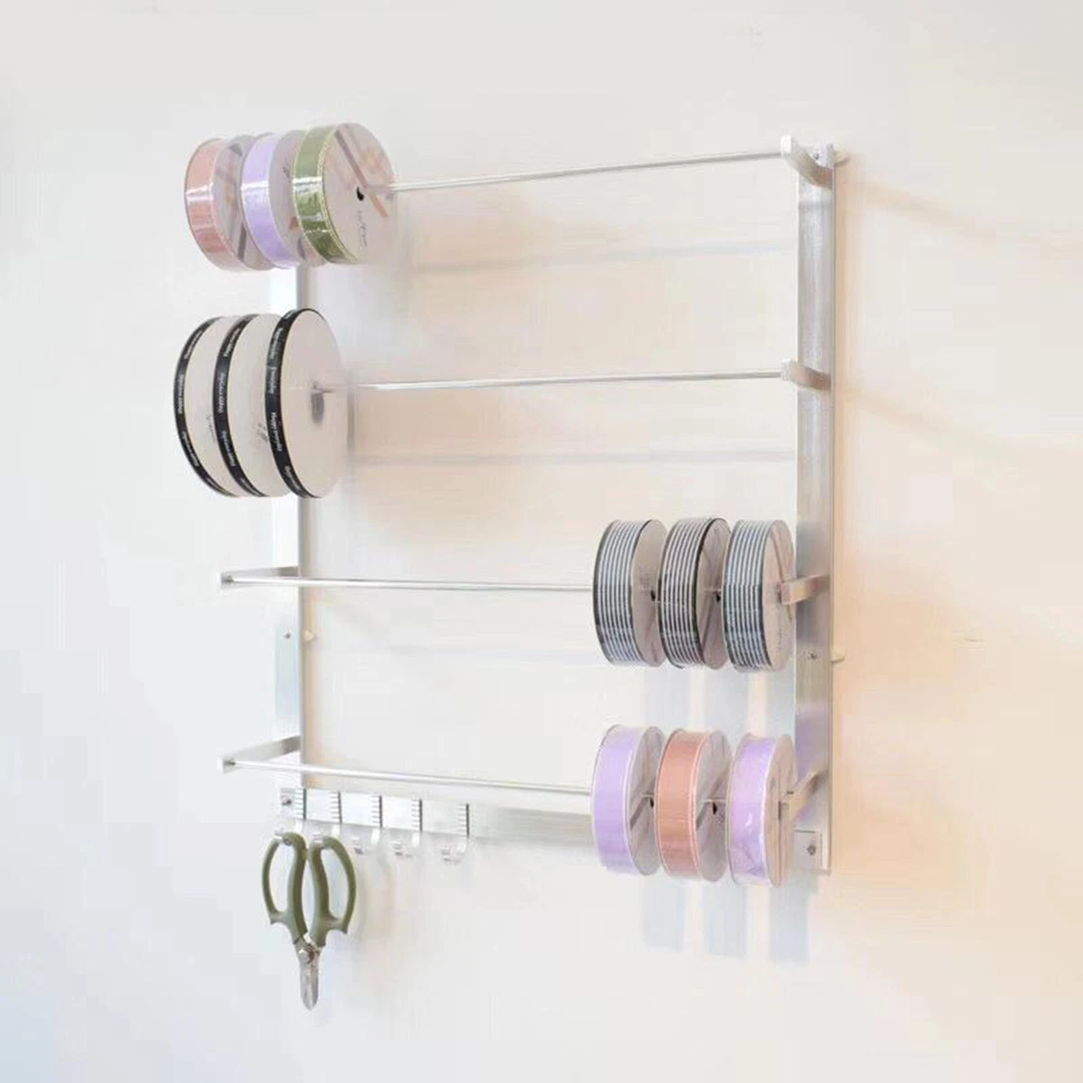 Wall Mounted Wire Spool Storage Rack Ribbon Organizer Tape Holder with 4 Rods 5