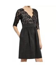 Eliza J Dress Black Cocktail 14 Fit & Flare Eyelash Lace V Neck 3/4 Sleeve Line