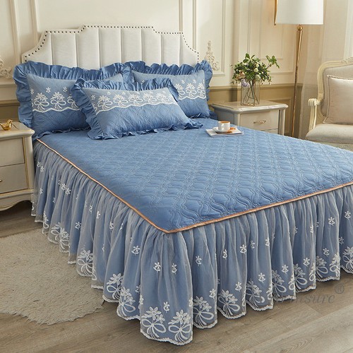 Korean Lace Cotton Bed Skirt Quilted Bedspread Queen King Size Bed Cover 3 PCS - Picture 18 of 88