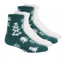 Womens Fuzzy Christmas Socks 2 Pair Green Trees & White CHARTER CLUB $20