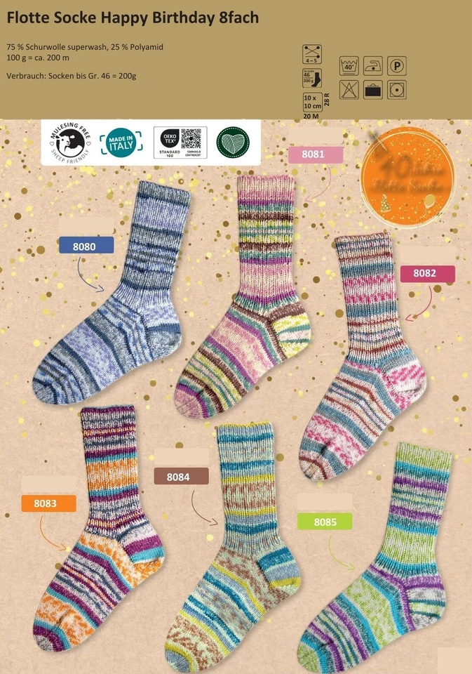 "Rellana Flotte Socke Happy Birthday 8fach" 100g Sockenwolle mulesingfrei