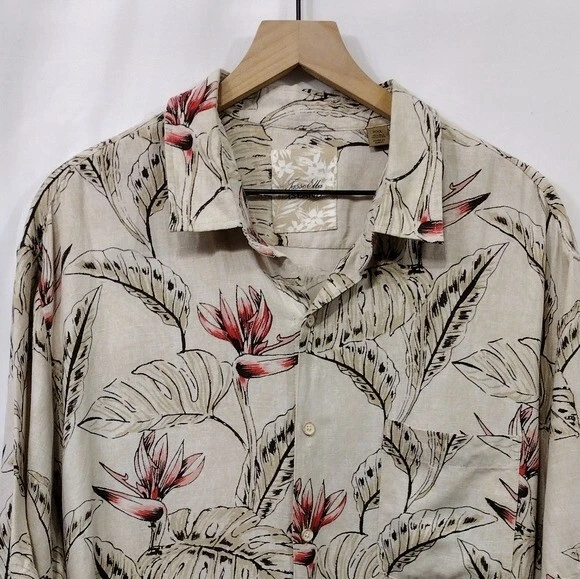 Camisa havaiana Tasso Elba Island linho seda floral masculina XXL creme vermelho costeiro - Imagem 2 de 4