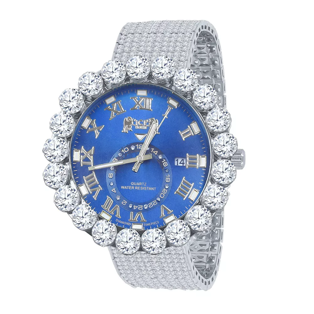 Genuine Diamond Solitaire Blue Sapphire White Gold Finish Custom Ice House Watch