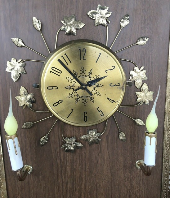 Vintage Electric Mid Century Wall Clock Gold Starburst Leaf Filigree