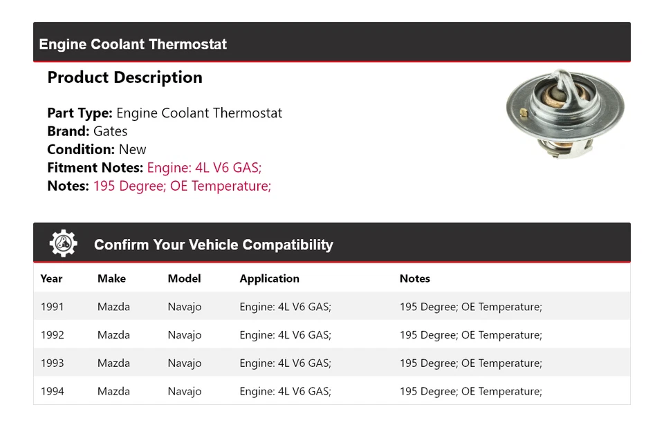 For 1991-1994 Mazda Navajo 4L V6 GAS Engine Coolant Thermostat Gates 1992 1993 - Image 2 of 4