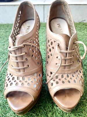 Prada Leather Perforated Lace Up High Heels Open Toe Size EU