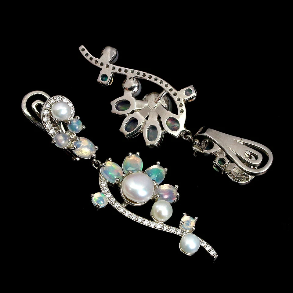 925 Sterling Silver Earrings Oval Fire Opal Pearl Natural Gemstone Jewelry - Image 3 of 4