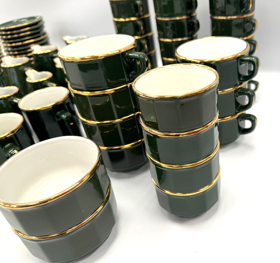 93pc APILCO France 12 Sided Green & Gold Rim Tea & Dinner Set W67 eBay