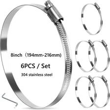 6pcs 8inch Stainless Steel Large Hose Clamps Adjustable Worm Gear Duct Clamp