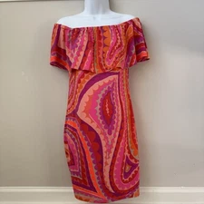 Trina Turk Off Shoulder Paisley Dress Stretch Boho Colorful Vacay Pink Orange S