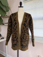Madewell Women’s Green Leopard Print Cardigan Sweater, Size M, Pockets 