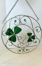 Stained Glass Green Shamrocks 3 Leaf Lucky Clover Window Hanging 6  Suncatcher