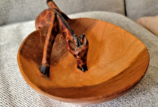 African Bowl Hand Carved Giraffe Drinking Wooden Decorative 7"L x 5"W