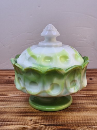 Vintage Westmoreland Cherry Thumbprint Green Slag Glass Footed Covered Dish - Picture 4 of 11