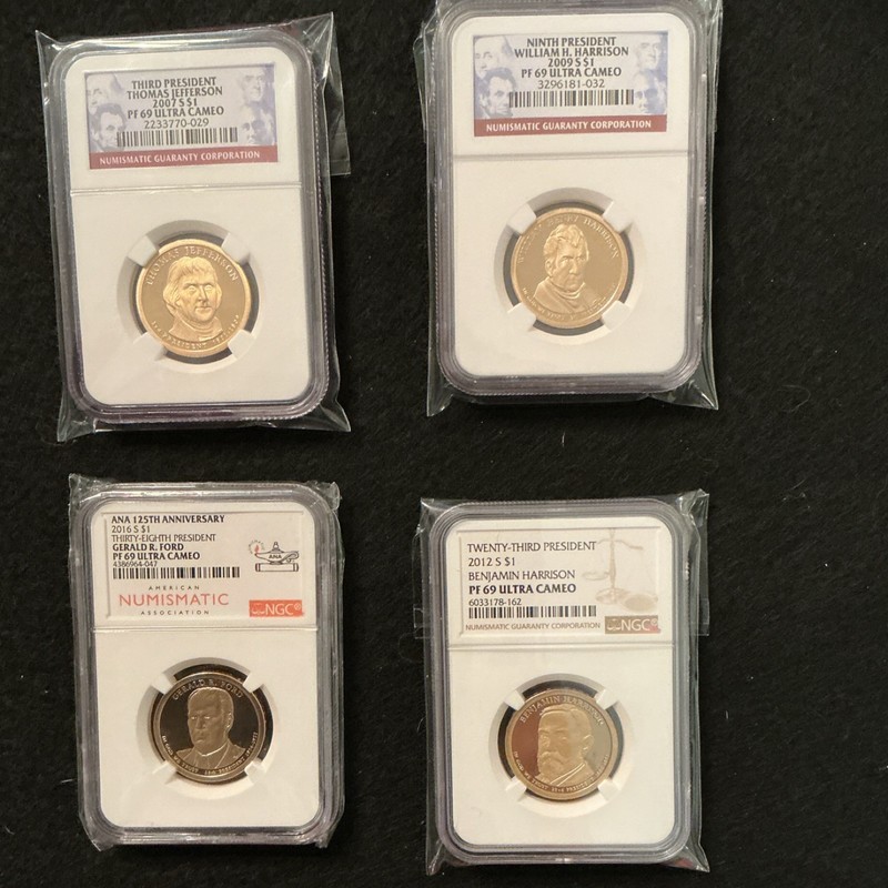 NGC $1 Proof PF 69 Ultra Cameo - Jefferson, W Harrison, Ford, B Harrison