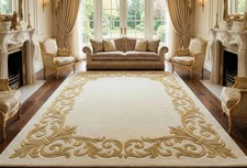 Hand Tufted Wool Area Rug Ivory Gold Floral Rug, Large Luxury Living Room Carpet
