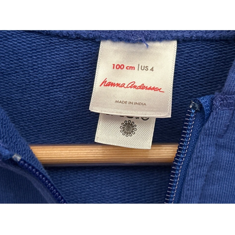 Jaqueta com capuz Hanna Andersson infantil azul zíper completo tamanho 4 mistura de algodão - Imagem 2 de 4