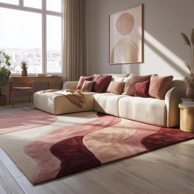 Abstract Wavy Area Rug: Burgundy, Blush, and Cream Statement Decor 9x12 Rug 8x12