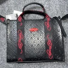 Ed Hardy Black Tote Handbag Skulls & Hearts Embossed Logo Vegan Materials NEW
