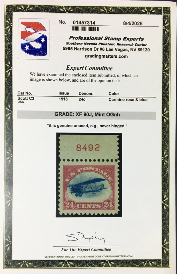 MOMEN: US #C3 PLATE SINGLE MINT OG NH PSE GRADED CERT XF-90J LOT #95448 - Image 2 of 3
