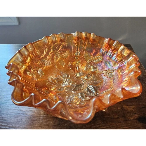 Vintage Imperial Carnival Glass Amber Marigold Emboss Rose Ruffled Bowl