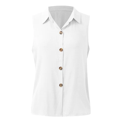 Damen Ärmellose Button Down Shirts Blusen Einfarbig Freizeit Leinen V Ausschnitt - Bild 9 von 39