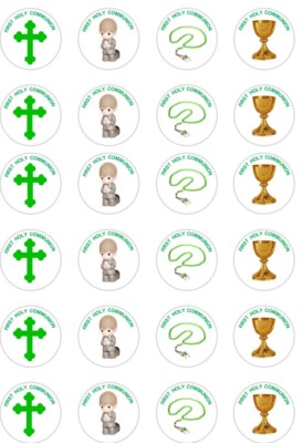 24 x PRECUT JUNGEN/GRÜN ERSTKOMMUNION REIS/OBLATEN PAPIER CUP CAKE TOPPER