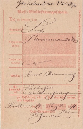 RECO Postschein aus LÜBBEN (OPD Frankfurt Oder ) 1871