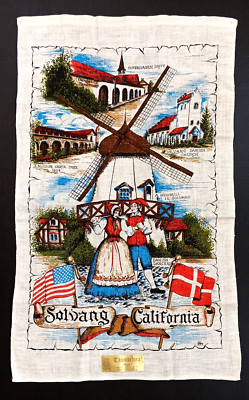 Vintage Solvang California Tea Towel Linen Danish Windmill Dancers Thumbelina