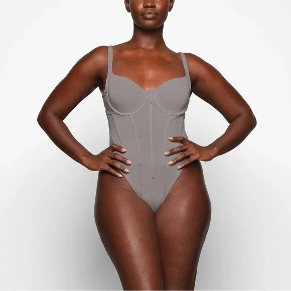 Skims Cotton Corset Bodysuit Charcoal Gray Size Large