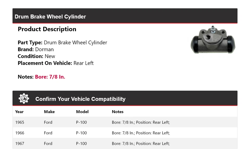 Cilindro de rueda de freno de tambor trasero izquierdo para Ford P-100 Dorman 1965-1967 1966 Foto 2 de 3
