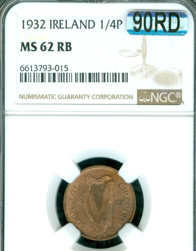 1932 IRELAND FARTHING NGC MS62 RB  MAC 90RD RED   *