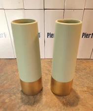 Set Of (2) Pier 1 Imports 9" Contemporary Ceramic Vases. Light Green With Gold  