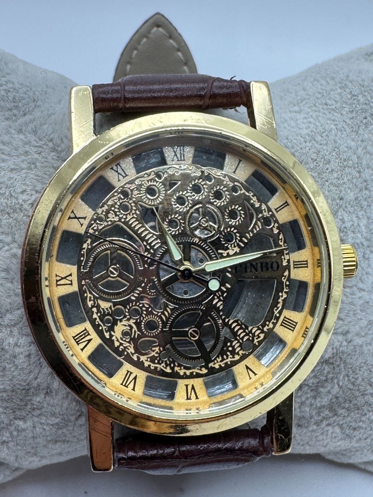 Men's PINBO Gold Tone Skeleton Quartz Watch New Battery
