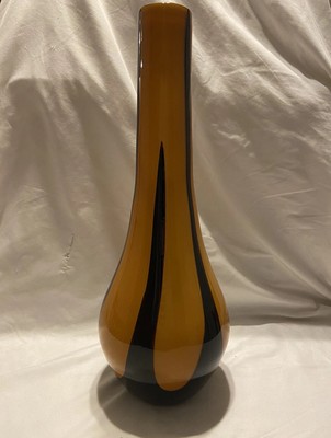 Fifth Avenue Crystal Art Glass Tall Floor Vase Mustard Amber Stripes Cased