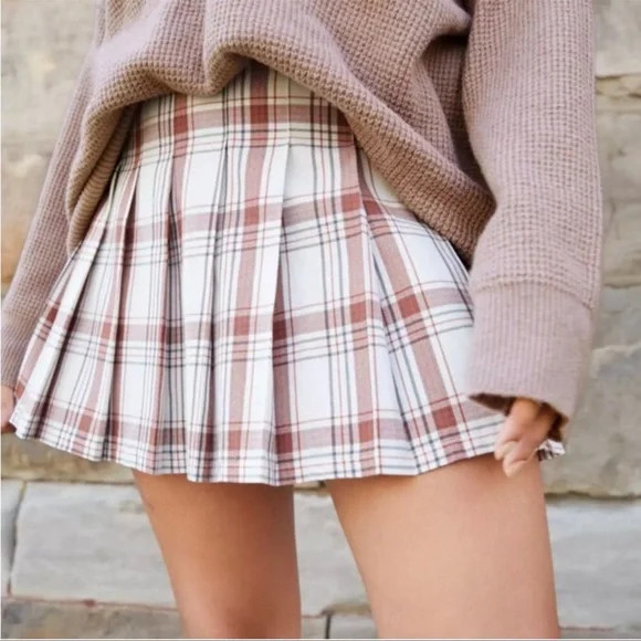 Aerie Class Act Pleated School Girl Mini Skirt Plaid Preppy Academia White Red S