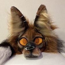 Faux Fur Animal Therian furry Mask One Size Brown/Black/Orange