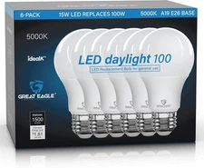 Great Eagle A19 LED Light Bulbs 100 Watt Equivalent, Daylight 5000K LED Light Bu