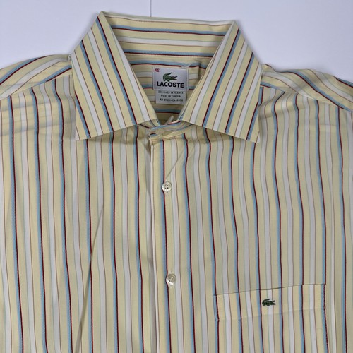 LACOSTE Men's Button Yellow Front Stripe Collared Dress Shirt Size 45 Rare - Picture 2 of 4