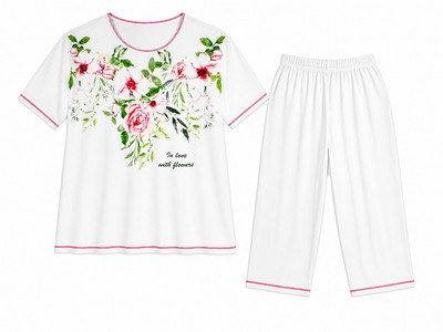 Harmony Schlafanzug 2-teilig Pyjama Kurzarm 7/8 Hose weiß mit Aufdruck (2538)
