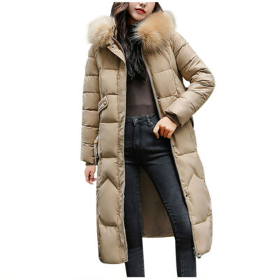 Womens Warm Puffer Fur Long Quilted Parka Ladies Down Hooded