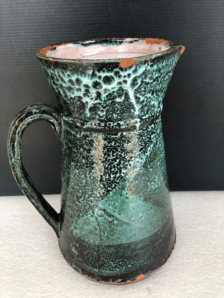 ancien pichet broc verseuse cruche terre cuite vert poterie email art populaire - Photo 4/4