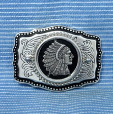 Native American Indian Chief Belt Buckle Western Scroll Headdress Vtg 80s.TYC463