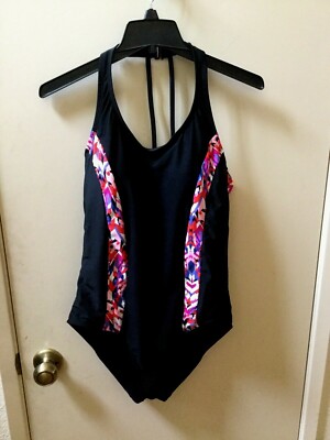 CATALINA WOMEN'S ONE PIECE BLACK W/MULTI-COLOR TRIM BATHING SUIT SZ LARGE(12-14)